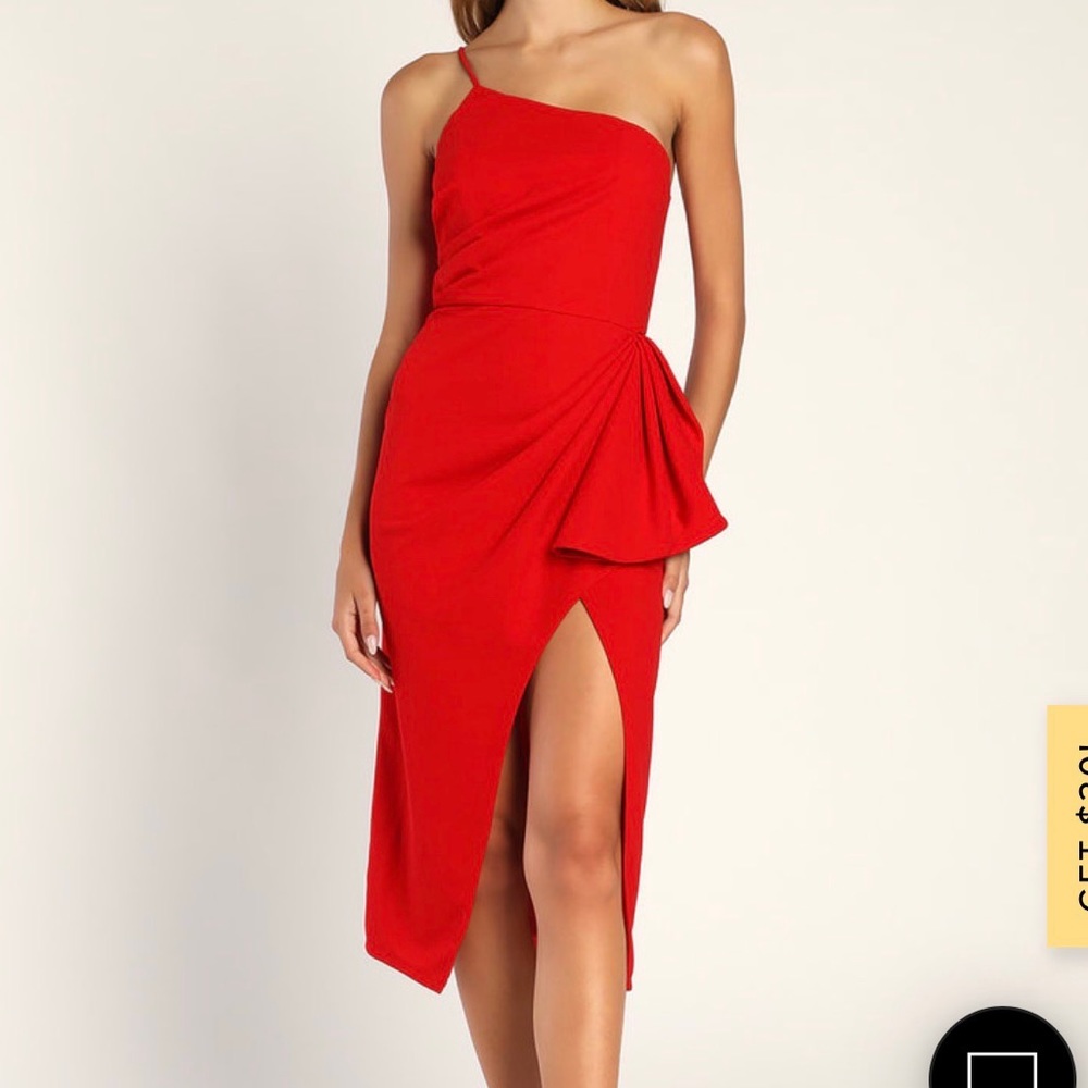 Love You Best Red One-Shoulder Ruffled Tulip Midi Dress